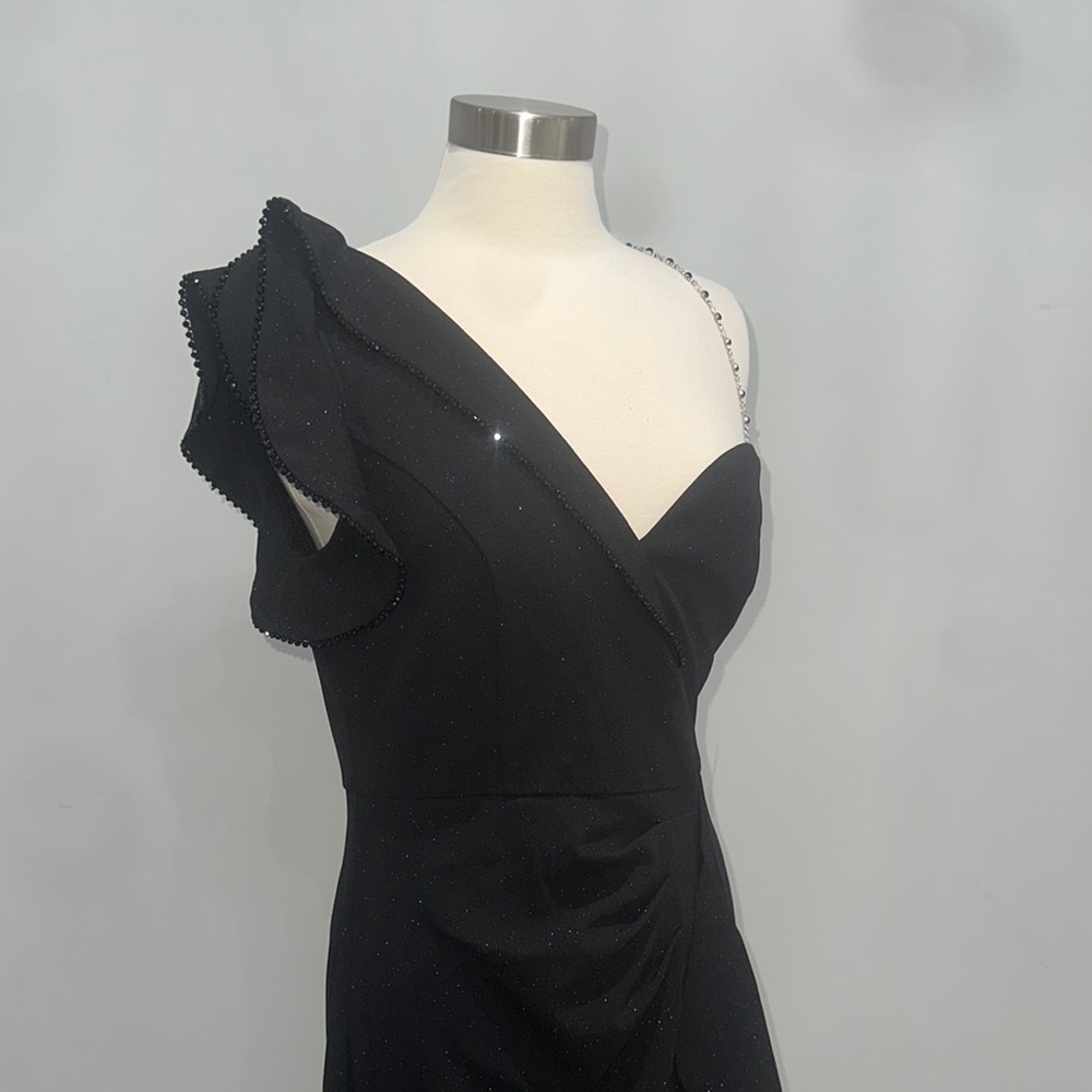 Black Ruffled One Shoulder Cocktail Dress - Picture 7 of 8